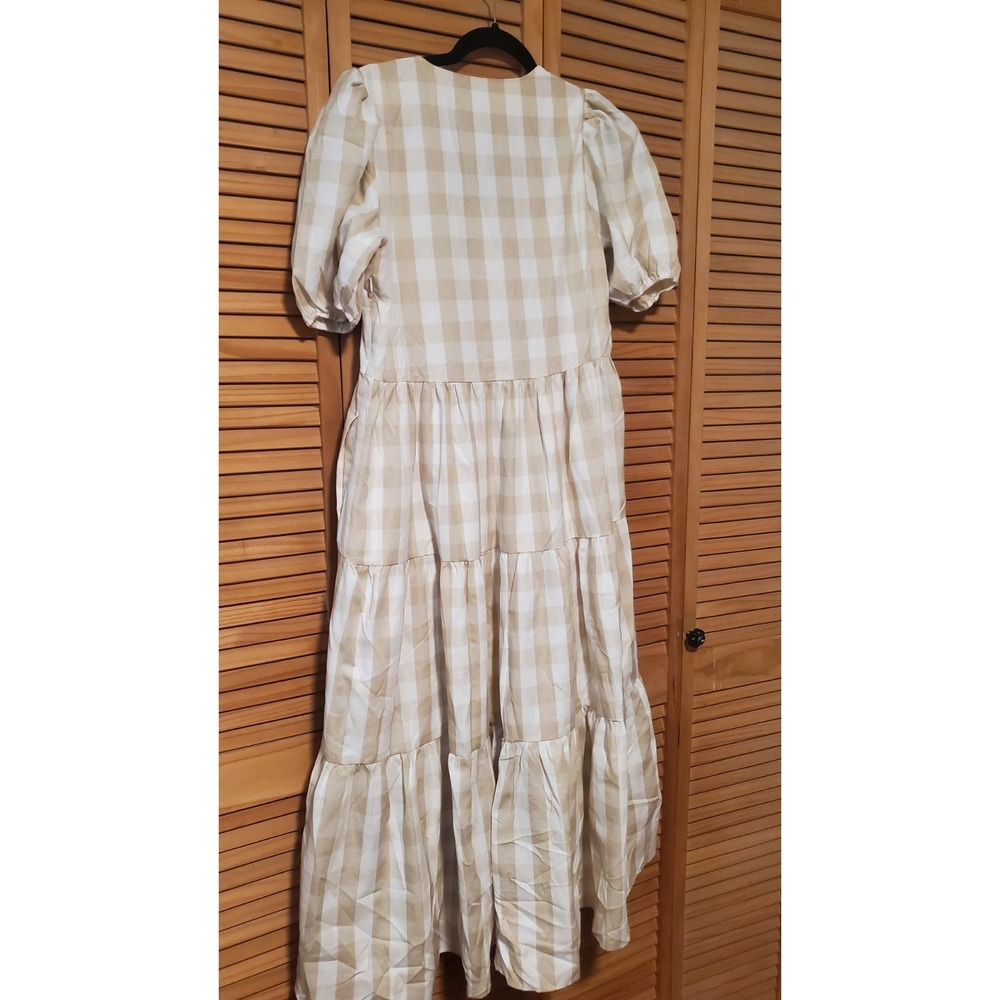 English Factory Tan And White Gingham Midi Dress Size Medium - Picture 11 of 13